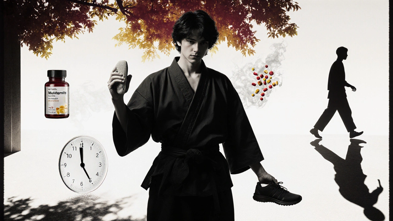 A person holding walking shoe and multivitamin, with dissolving pills behind them, symbolizing lifestyle over pills.