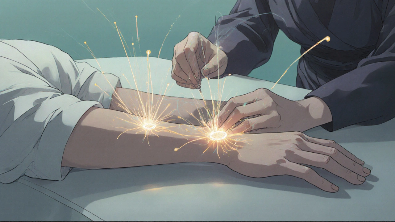 Acupuncturist placing glowing needles on a patient, with energy lines showing relief.
