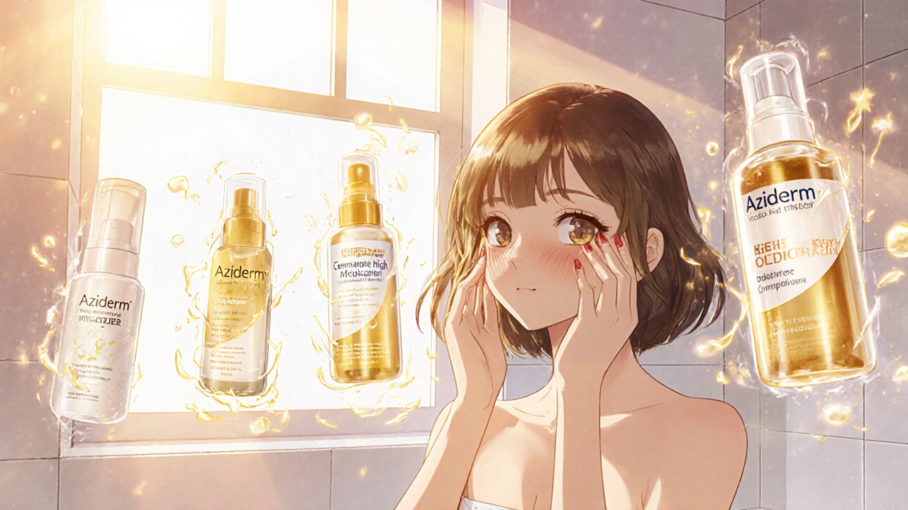 Bathroom scene showing a woman completing a skincare routine with cleanser, Aziderm, moisturizer, and sunscreen.