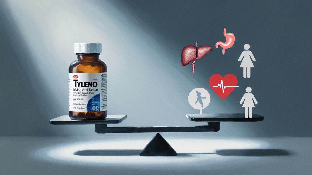 Clinical scale balancing a Tylenol bottle against liver, stomach, pregnancy, and heart icons.