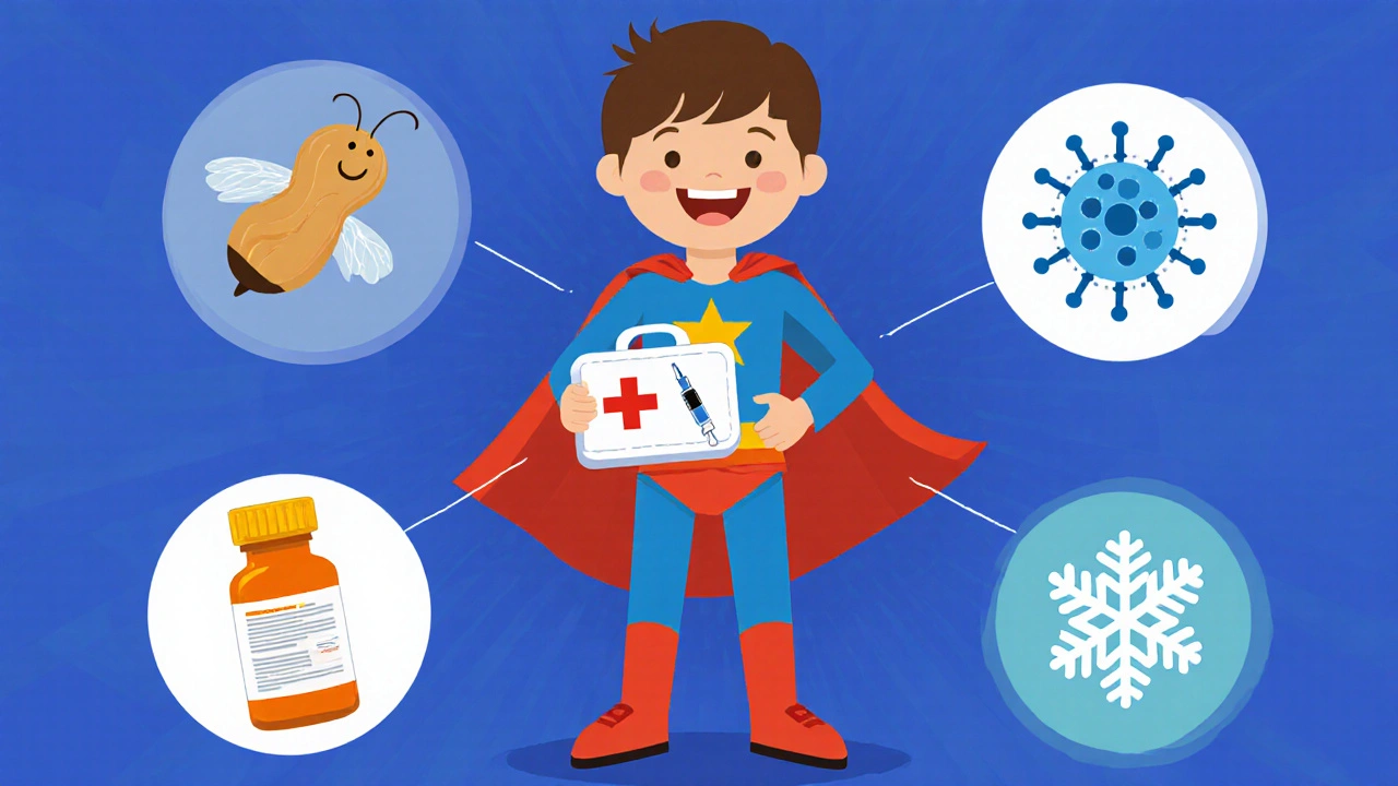Collage of peanut, bee, pill bottle, virus, cold symbol, child with emergency kit.