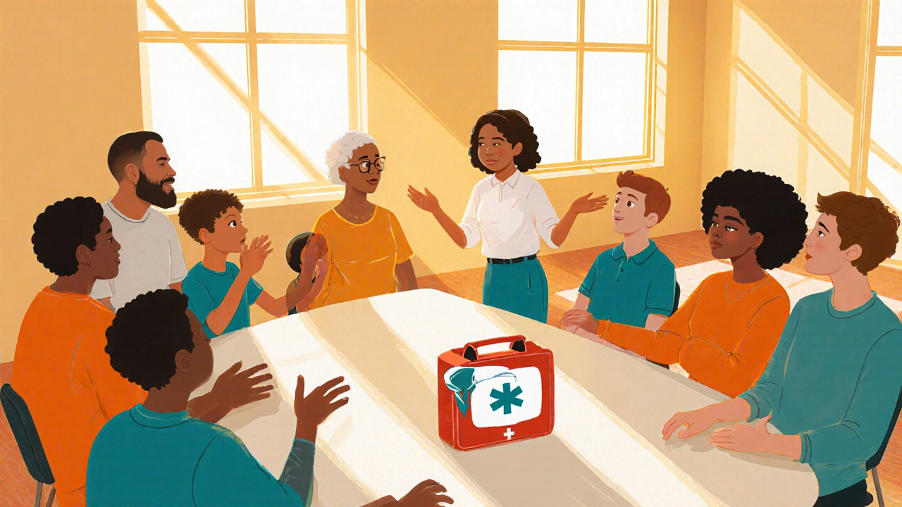 Community workshop where diverse participants learn about epilepsy and first aid.