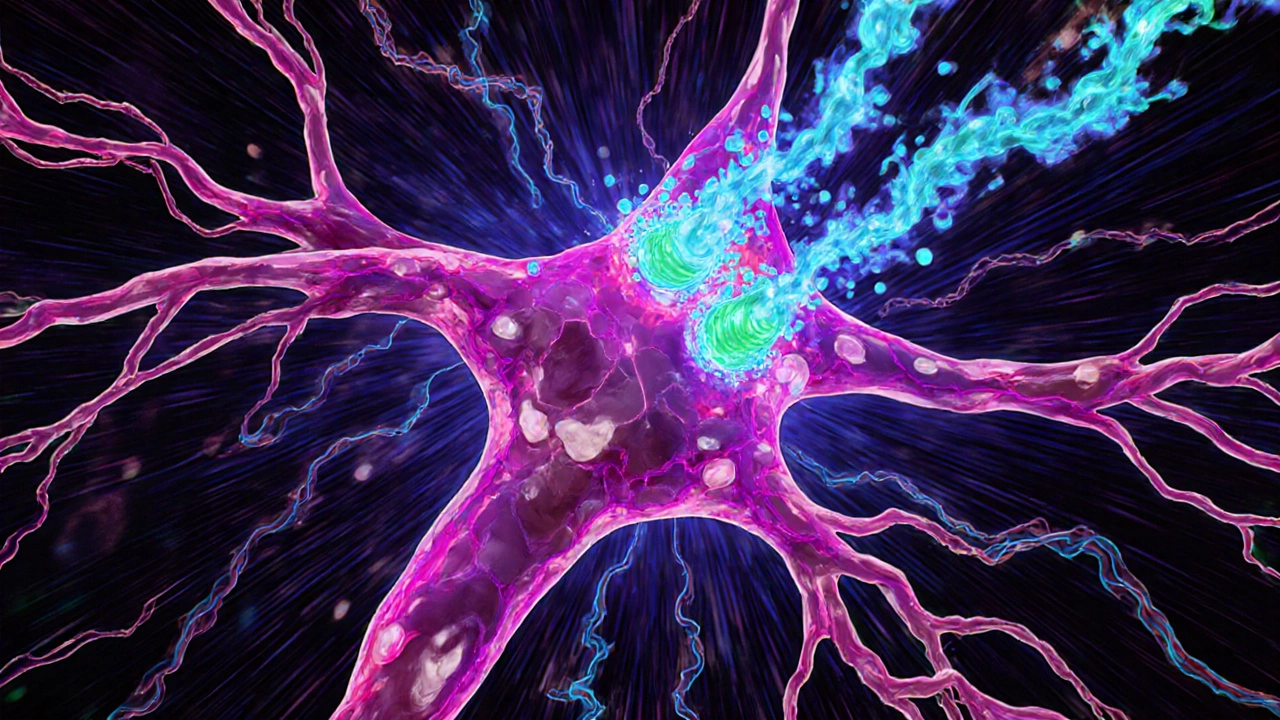 Cross‑section view of a nerve with colorful vitamin particles moving toward it.