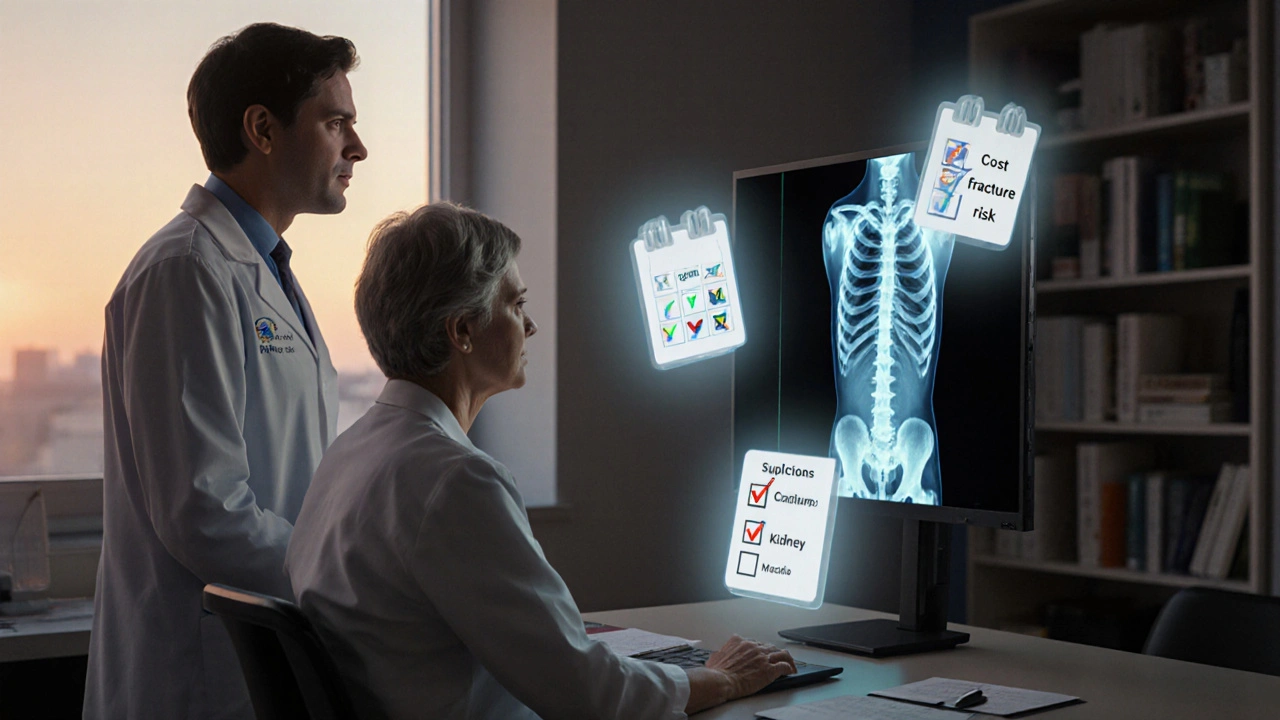 Doctor and patient reviewing a 3D bone scan with floating health‑check icons.