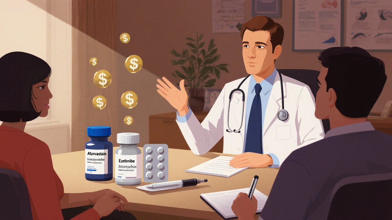 Doctor and patient reviewing pill bottle, blister pack, and injection pen options.