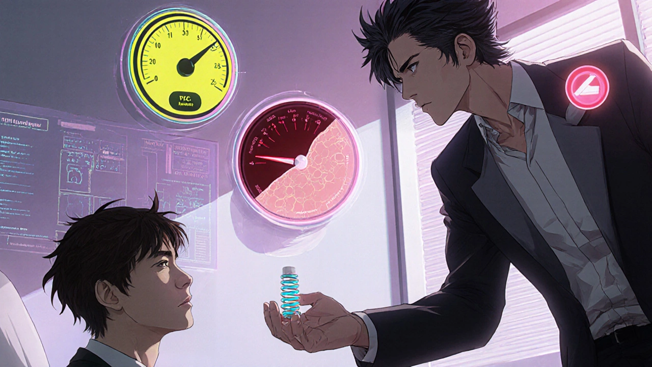 Doctor offering a spiral pill to patient with floating health charts in the background.