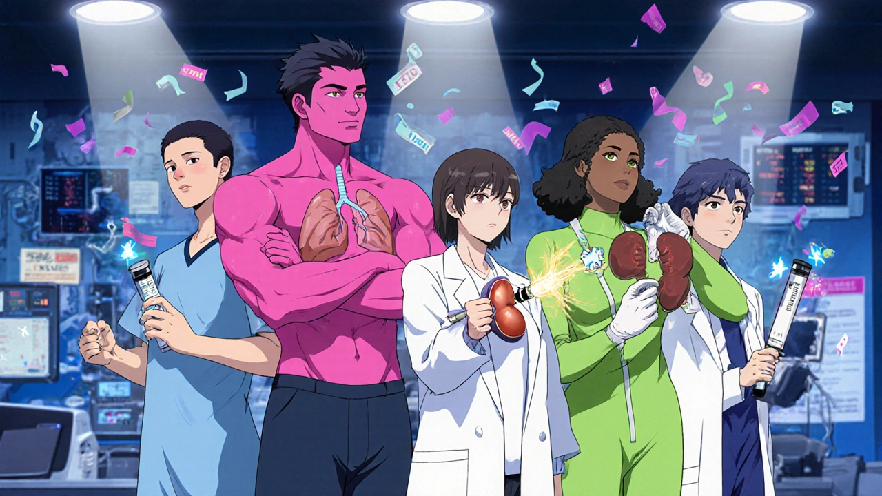 Dynamic group of patients and researchers pose confidently in a futuristic clinical trial setting.