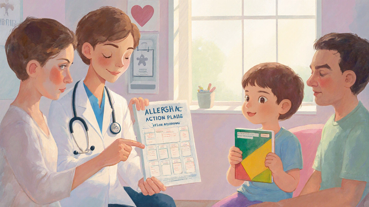 Family with pediatric doctor reviewing action plan, child holding diary.
