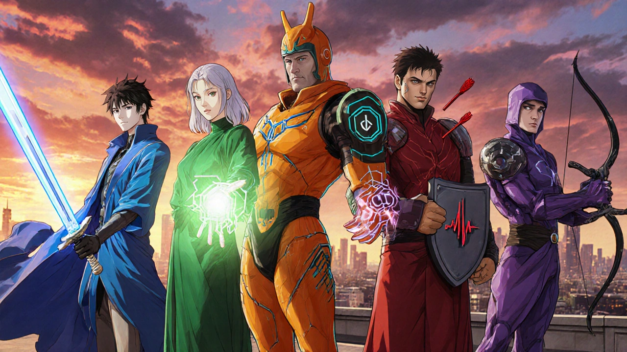 Five Araki‑inspired characters personify different hypertension drugs on a rooftop at sunset.