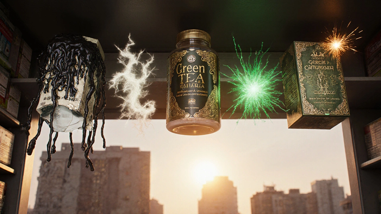 Five weight loss supplements floating as mystical artifacts on a pharmacy shelf, each with unique glowing energy.