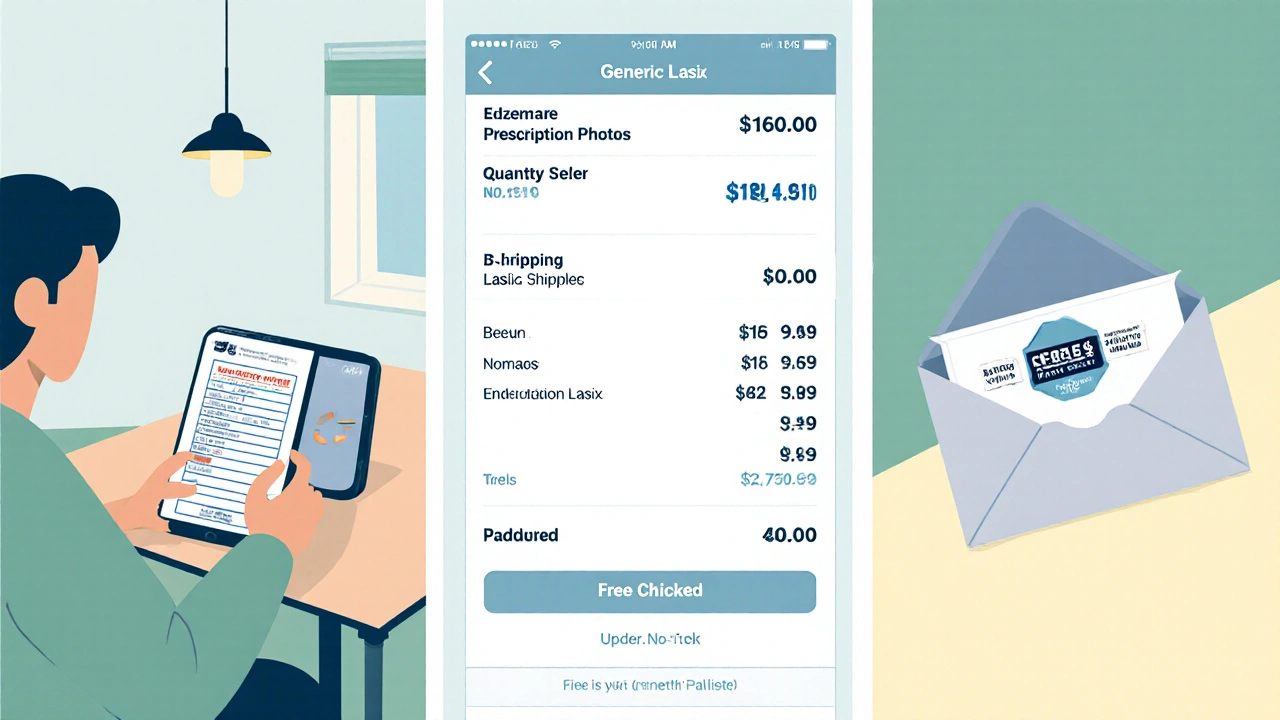 Flat illustration of a person uploading a prescription, checking out Lasix online, and receiving a discreet envelope.