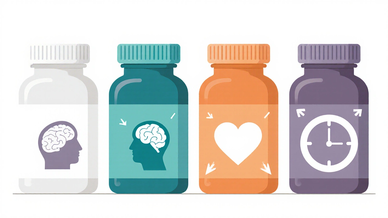 Four pill bottles displayed with brain, joint, heart, and stomach icons representing different pain relievers.