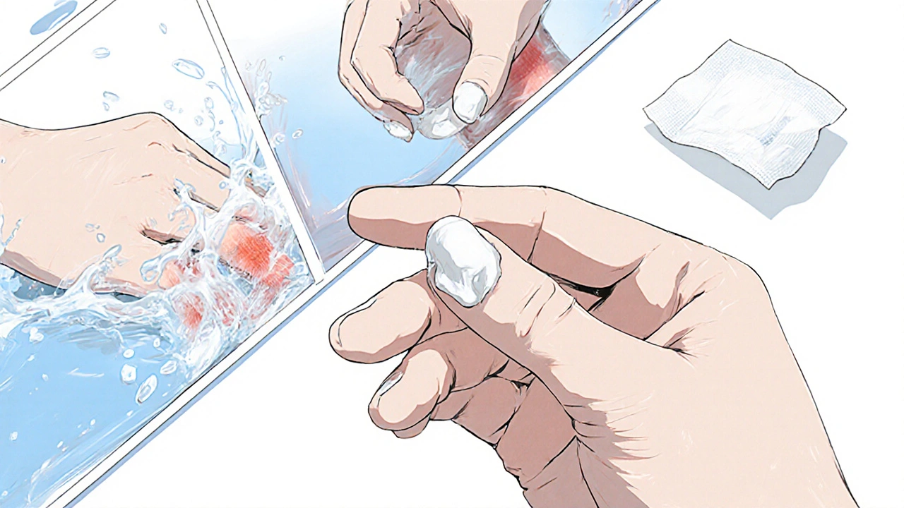 Gloved hand applying ointment to a cooled burn, with water splash and gauze nearby.