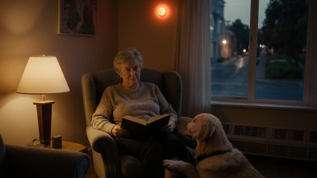 Golden Retriever nudges its owner in a living room, indicating a smoke alarm.