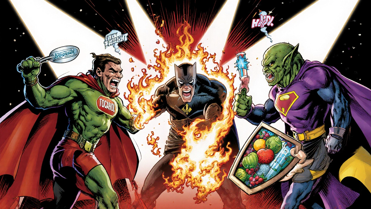 Hero battles villains Tobacco, Alcohol, and HPV with vaccine and dental sidekicks.