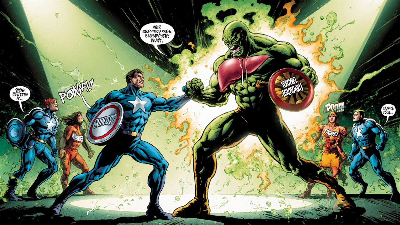 Hero battling a liver monster with drug heroes representing side‑effect shields.