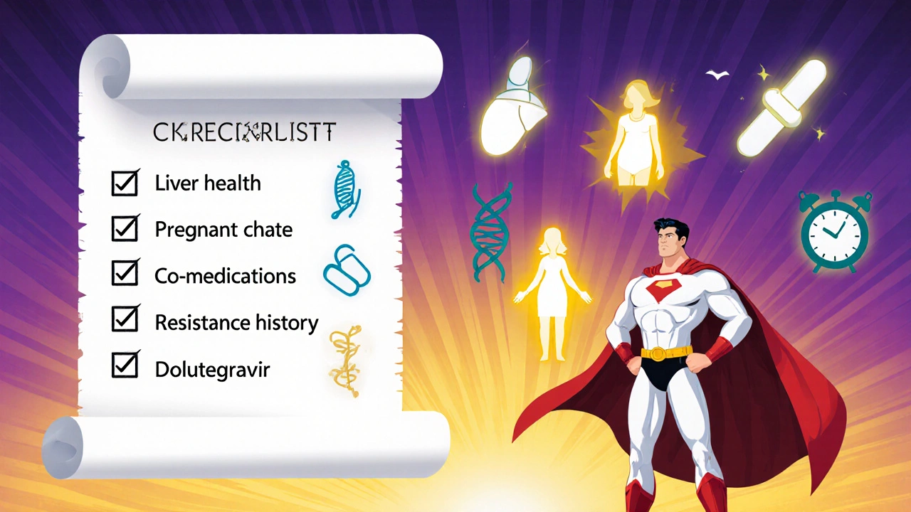 Hero beside a checklist scroll with icons for patient factors and a glowing Dolutegravir.
