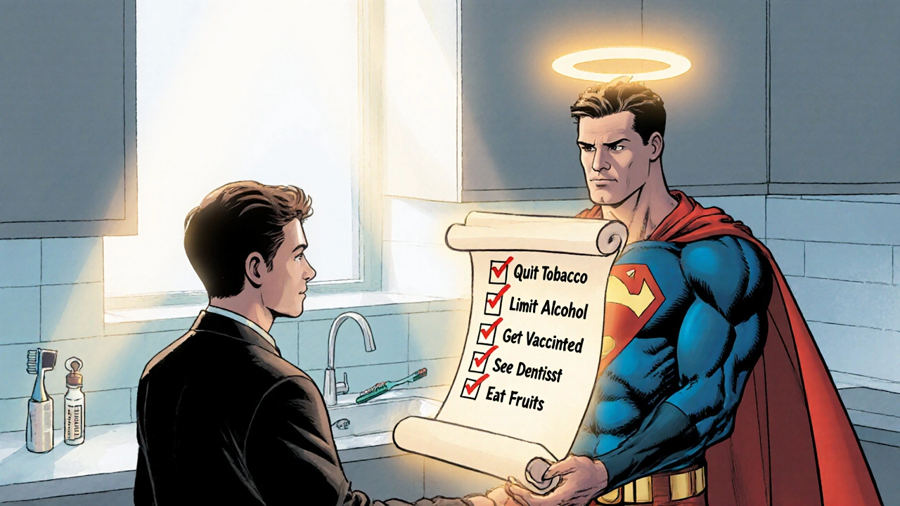 Hero gives a glowing checklist to a citizen, showing steps for oral cancer prevention.