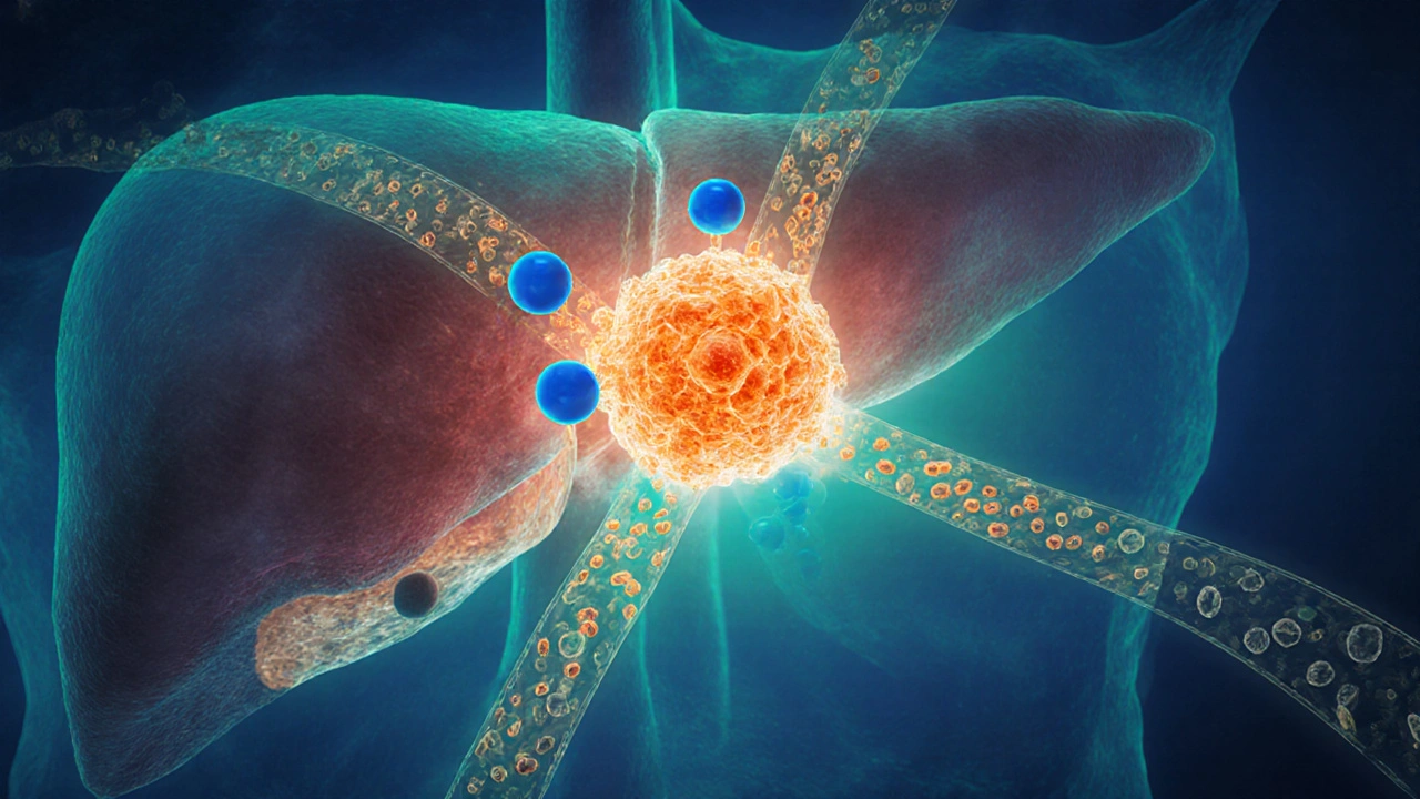 Illustrated liver cell with statin molecules blocking cholesterol synthesis enzyme.