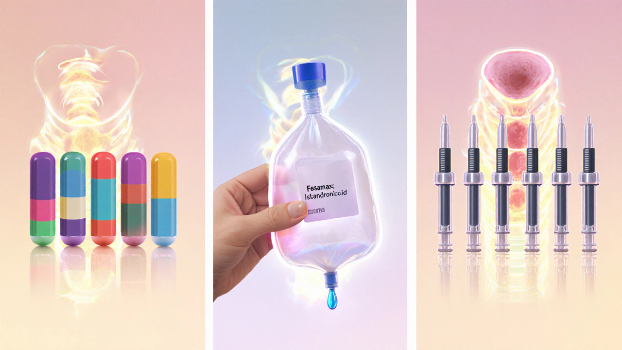 Illustration comparing oral pills, IV bag, and injection pens with glowing bone outlines.