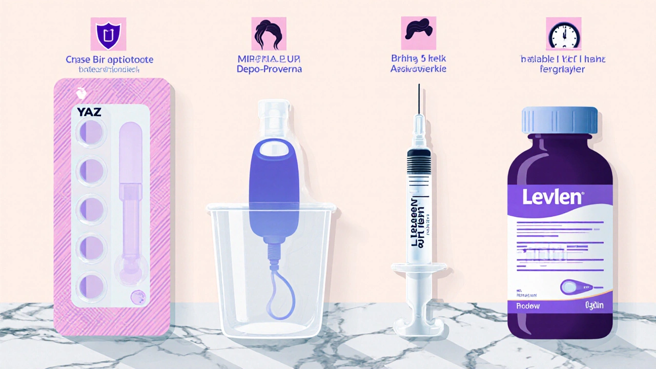 Illustration of Yaz pills, Mirena IUD, Depo-Provera syringe, and Levlen bottle on a marble surface.