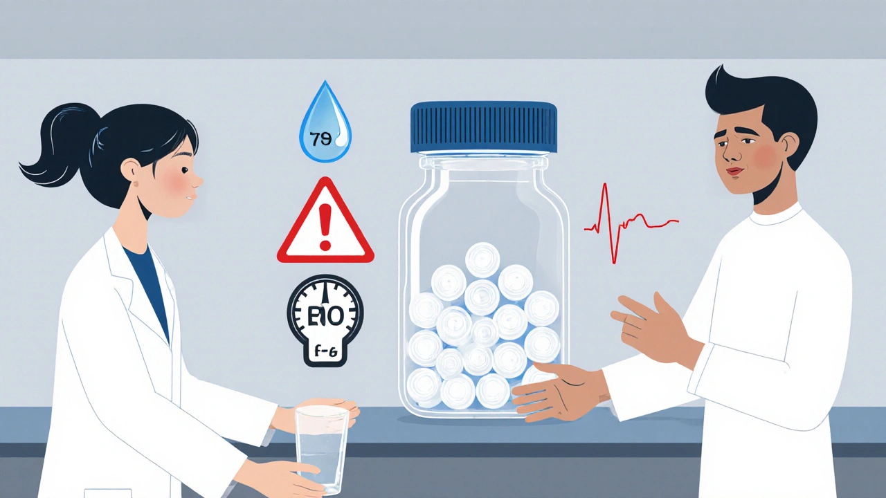 Medical illustration of Lasix tablets with icons for dehydration, low potassium, and dizziness beside a pharmacist.
