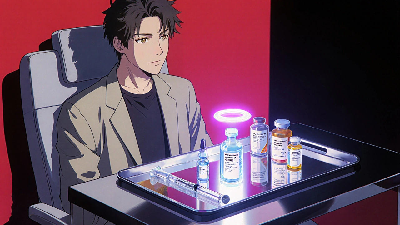 Patient examining a tray of syringes and pills, with Neurobion highlighted.