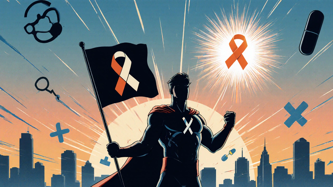 Patient hero raising an HIV ribbon flag with a glowing medication beacon.