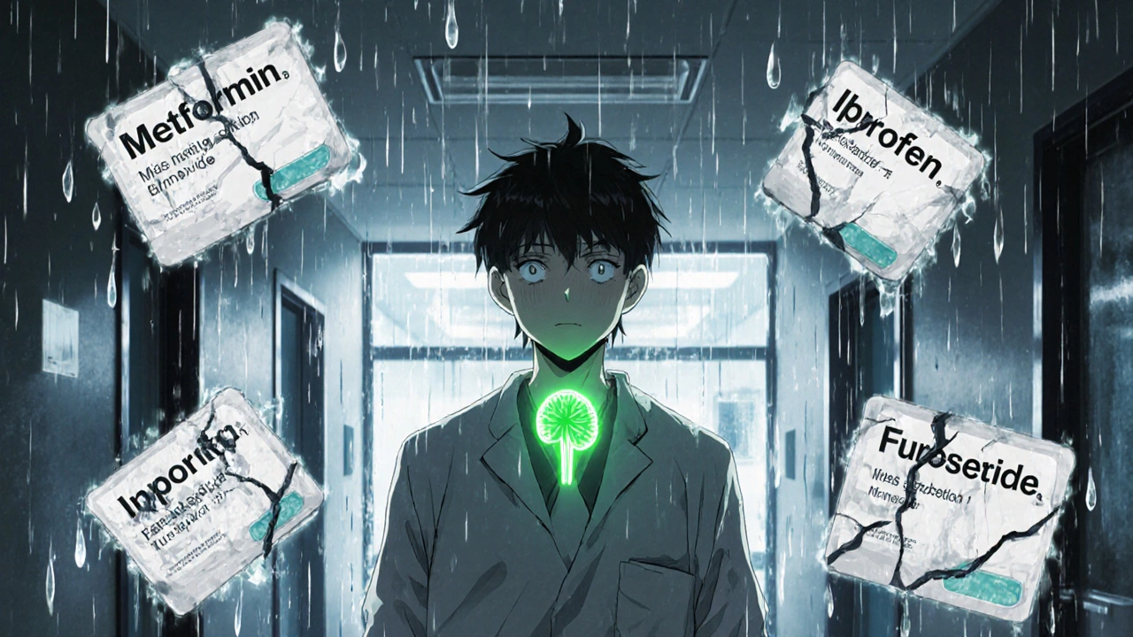 Patient surrounded by crumbling drug labels as kidney function fails, hospital setting.