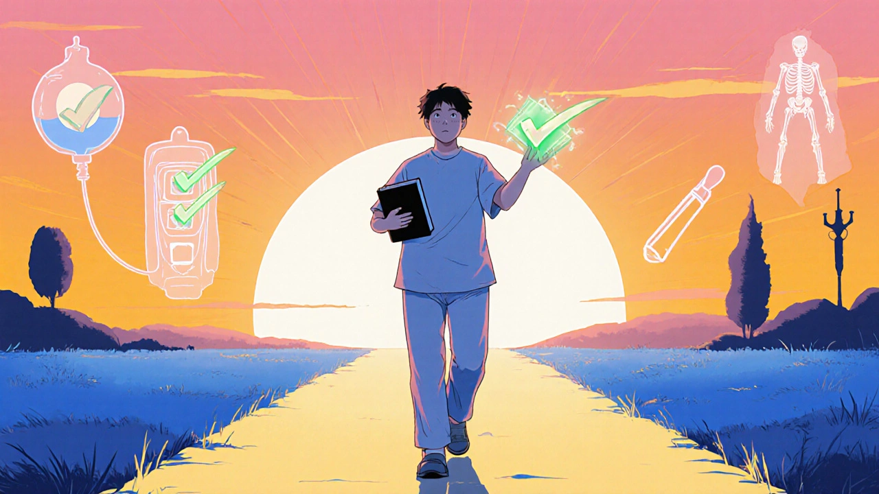 Patient walking on sunrise path holding a diary and checklist, with faint medical symbols behind.