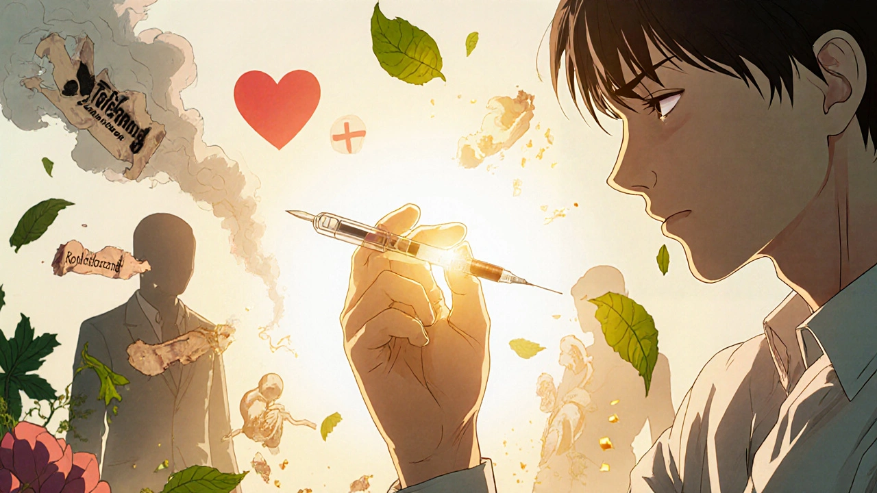 Person injecting GLP-1 medication with protective golden light, old drugs dissolving behind.