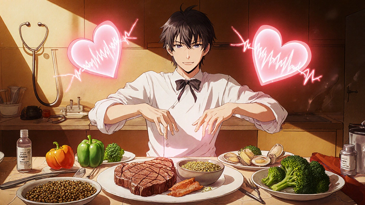 Person preparing a meal of iron, B12, and folate foods with a healthy heart glowing.