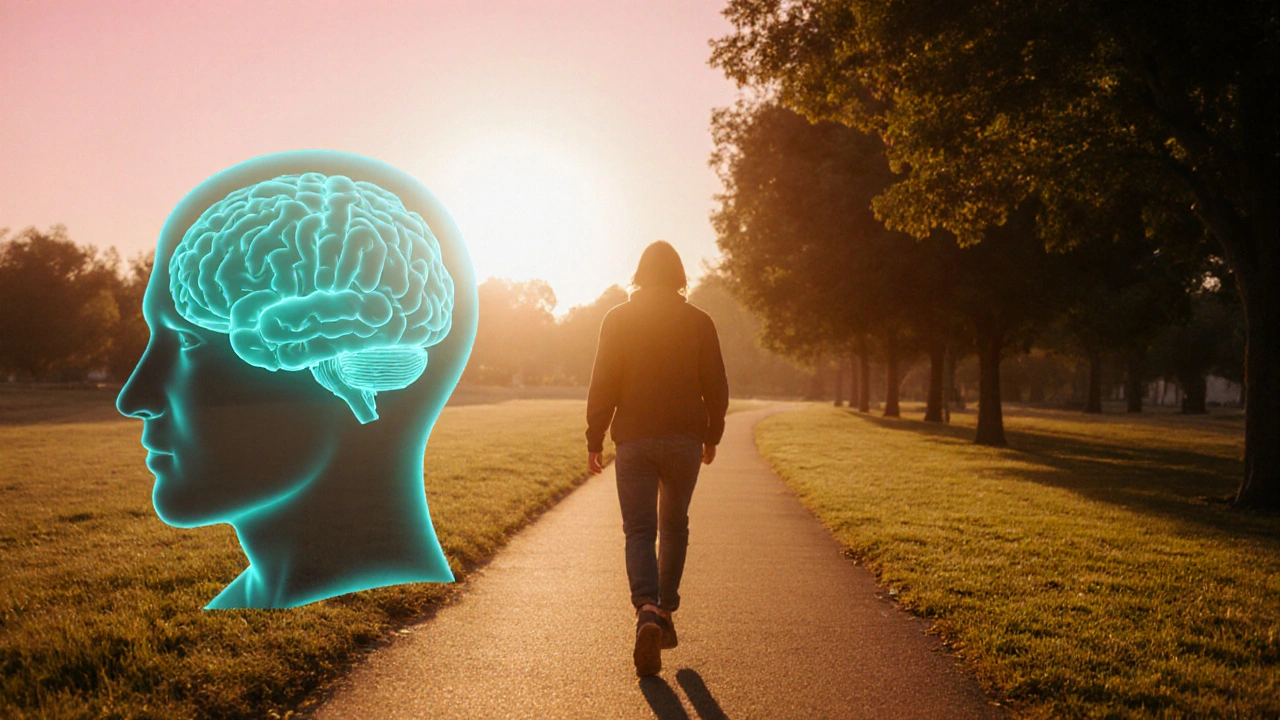 Person walking on a sunrise‑lit trail with a faint calming brain overlay.