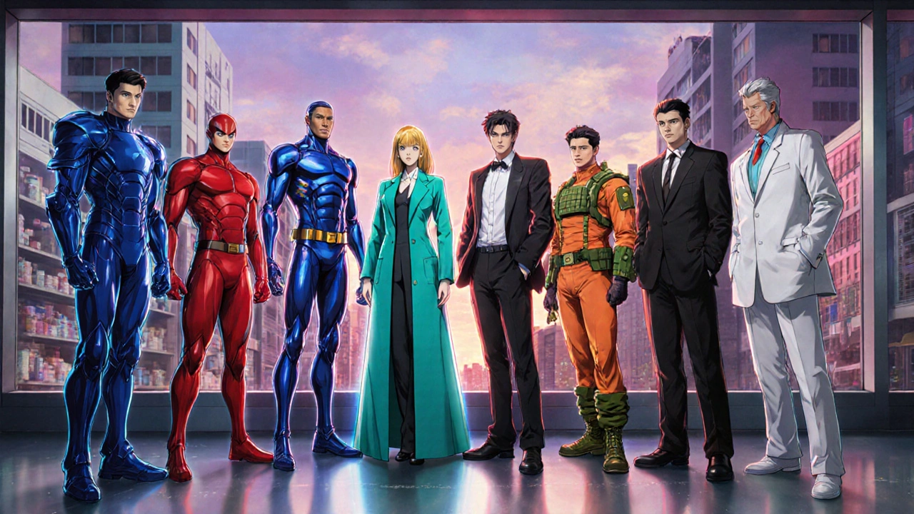 Seven drug‑personified characters in distinct outfits standing on a pharmacy counter.