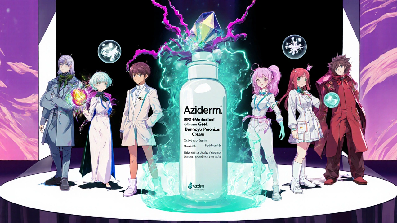 Six stylized characters representing different acne treatments, posed on a runway.