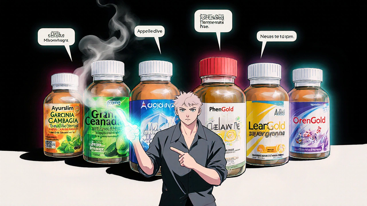 Six supplement bottles displayed with distinct auras in a dynamic lineup.
