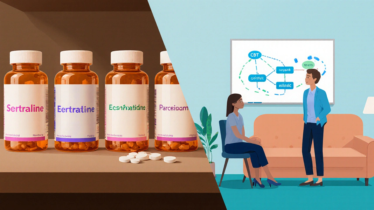 Split illustration of pill bottles on a desk beside a therapist and patient in a cozy office.
