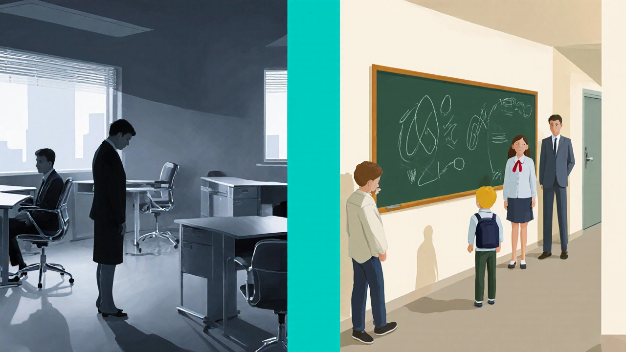 Split illustration of workplace and school showing exclusion of a person with epilepsy.