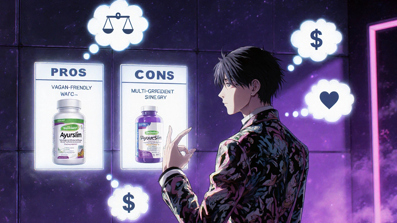 Stylish person chooses a supplement using glowing pros and cons panels.