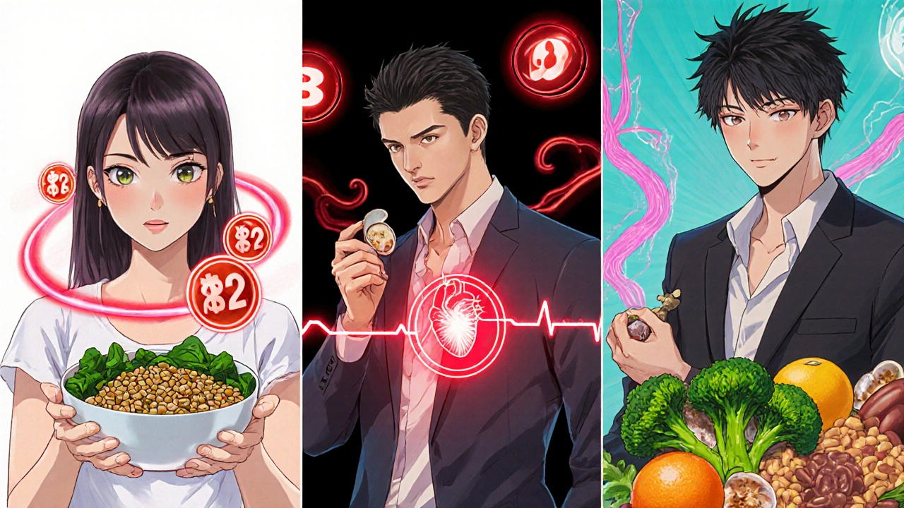 Three characters with iron, B12, and folate foods illustrating deficiency effects on the heart.