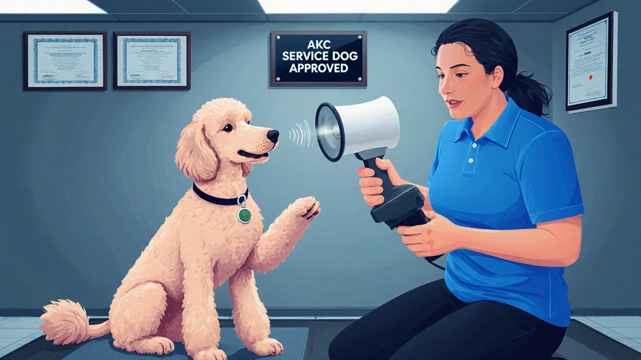 Trainer uses a speaker to teach a Poodle to recognize a doorbell sound.