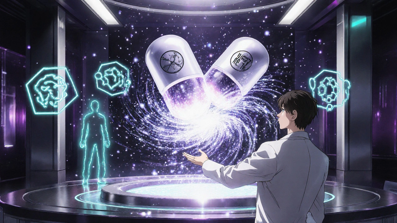 Two anti‑fibrotic pills merge in a holographic vortex surrounded by glowing biomarker symbols.
