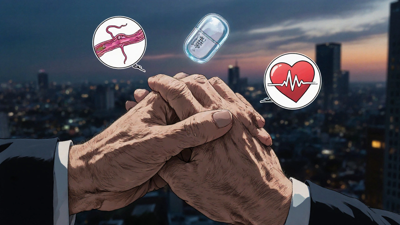 Two hands holding a floating avanafil tablet surrounded by anatomical symbols of health and intimacy.