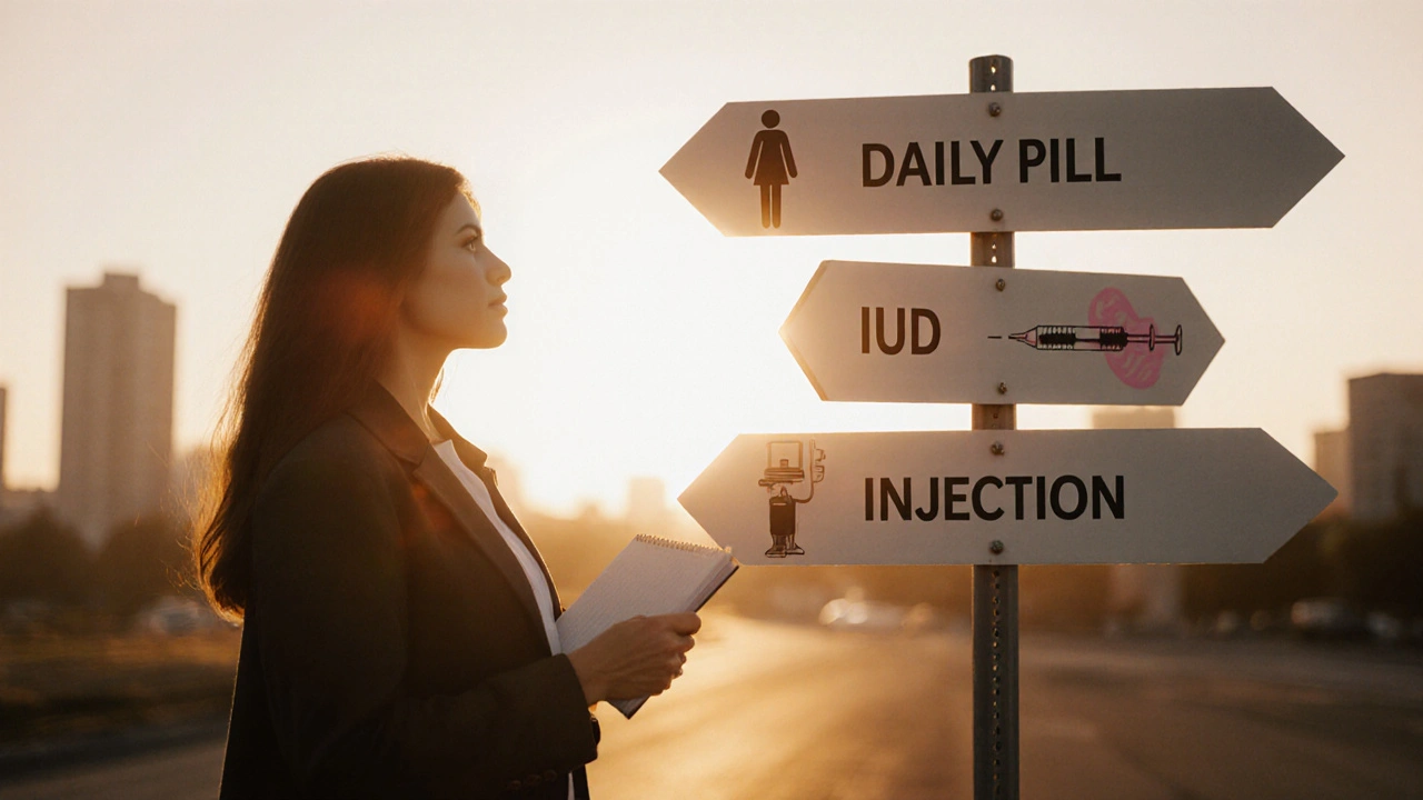 Woman at sunrise crossroads choosing between daily pill, IUD, and injection signs.
