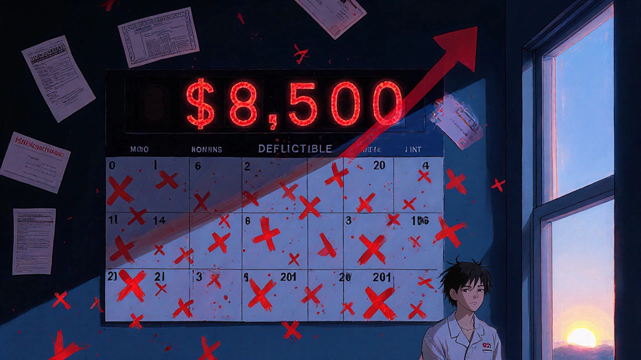 A calendar with monthly copay marks and a rising out-of-pocket counter, while the deductible remains unchanged.