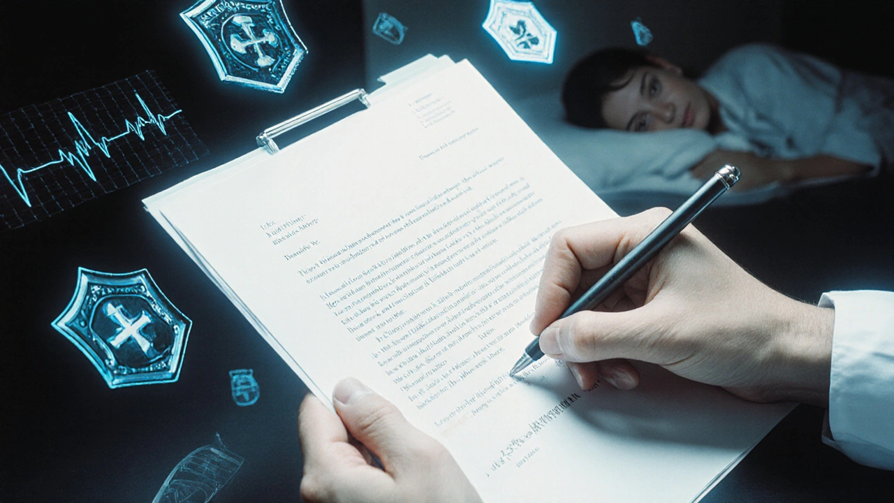 A doctor writes a detailed medical letter with floating health data transforming into protective glyphs.