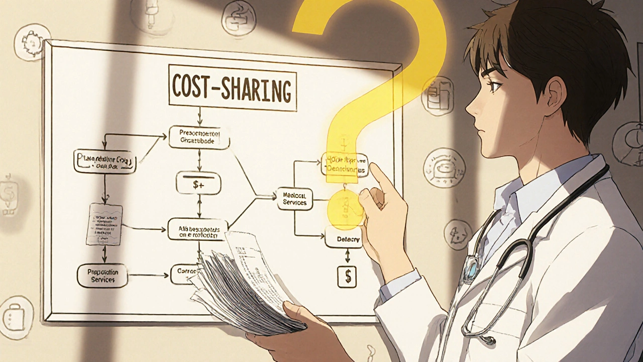 A patient and doctor examining a detailed flowchart showing how prescription costs count toward out-of-pocket maximum but not deductible.