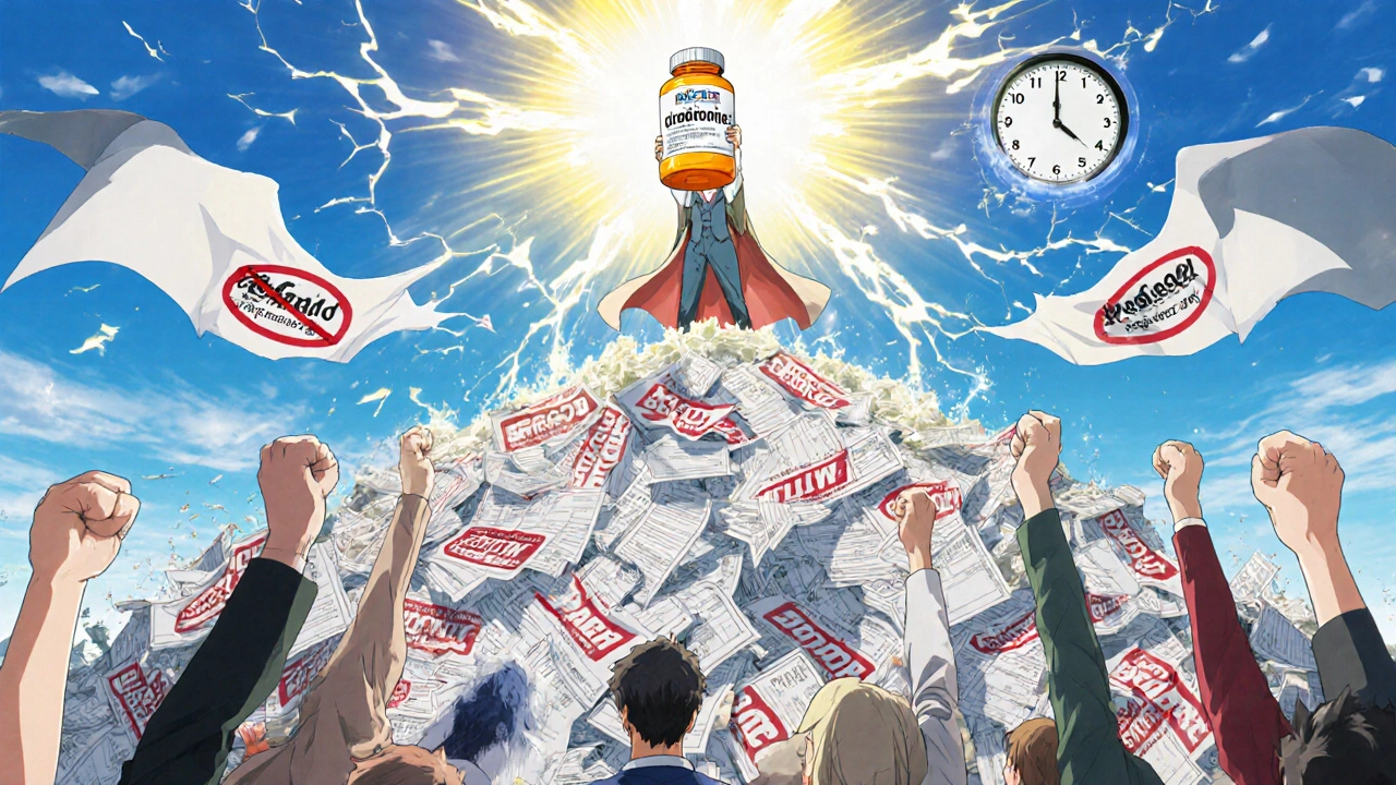 A patient stands victorious atop denied claims, holding a glowing medication bottle as others rally below.