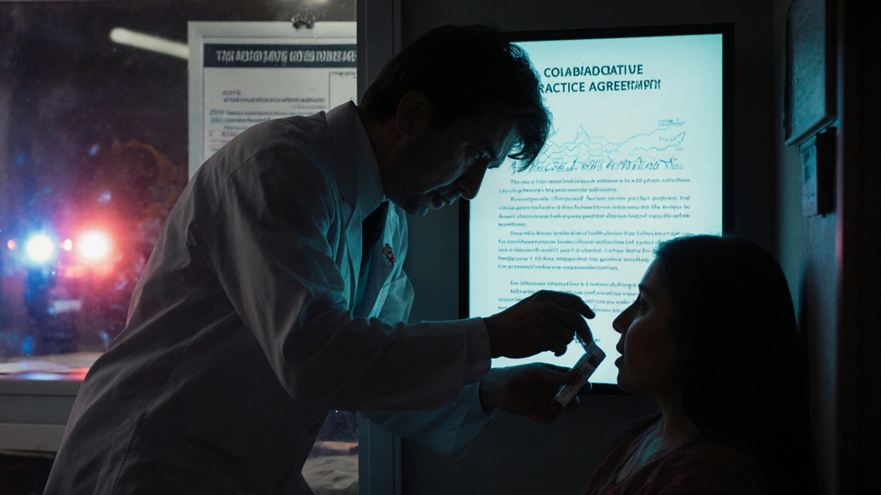 A pharmacist urgently dispenses naloxone to a patient in a rural clinic, emergency lights glowing behind them.