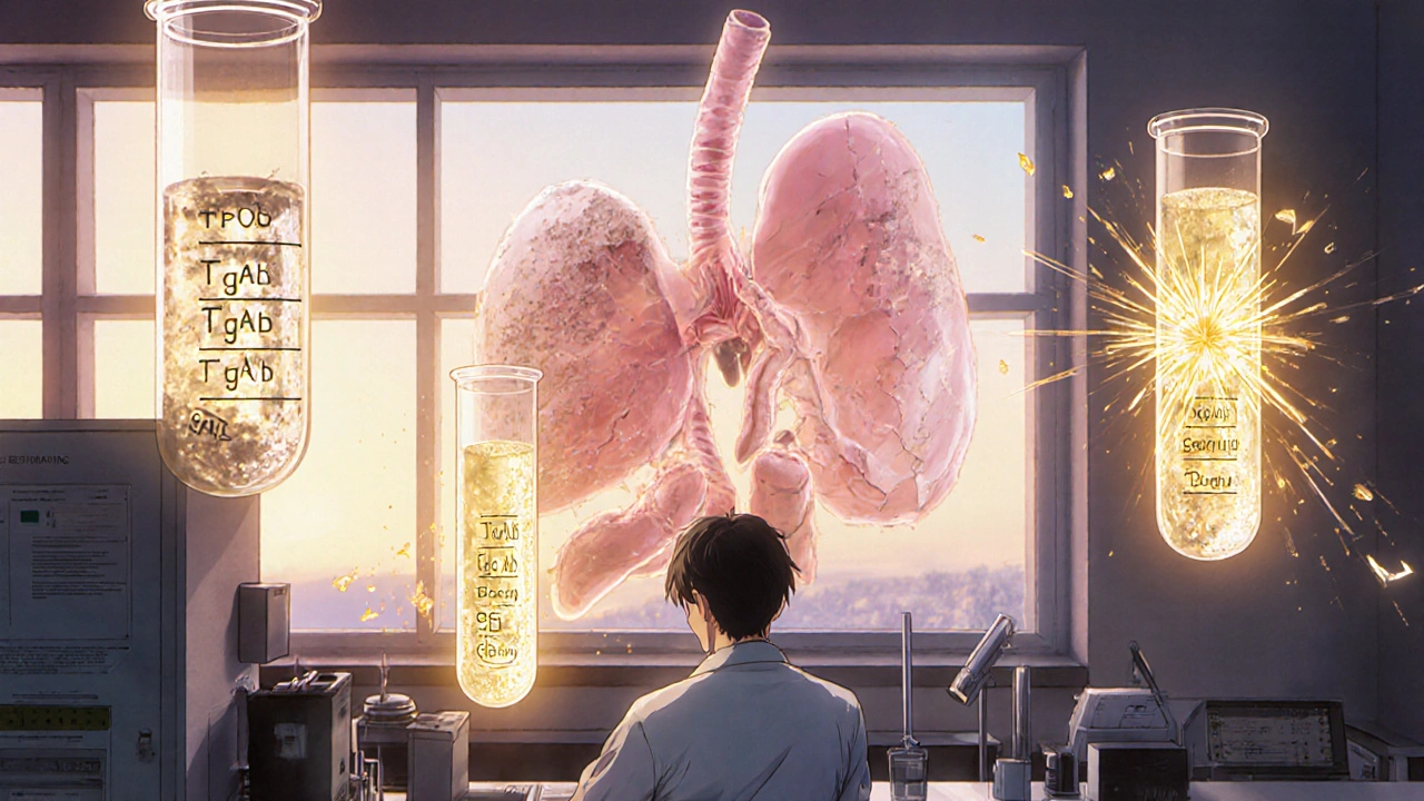 A shrinking thyroid behind a patient in a lab, with glowing test tubes showing antibody and TSH levels.